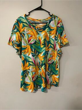 Blue Sol Tropical Floral Short Sleeve Top - Teal & Yellow 2x